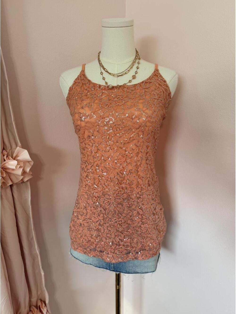 Y2K Vanity Essentials Peach Sequin Lace Cami Tank Top | Coral Layering Top